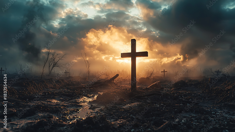 Fototapeta premium A cross is standing in a field of rubble