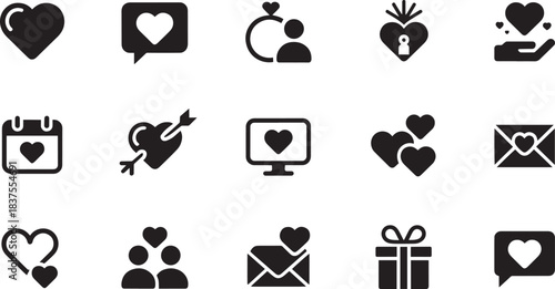 Black icons of love and romance including hearts, gifts, messages, couples, dating, and celebration