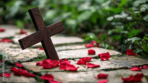 A wooden cross is on a stone path with red petals