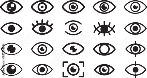Black icons of stylized eyes including vision, focus, observation, surveillance, and graphic variations