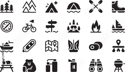 Black icons of outdoor adventure including camping gear, nature activities, hiking, boating, and travel