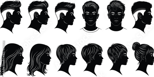 Haircut silhouette, male and female hairstyle, black vector heads, diverse hair design, profile and front view, fashion clipart