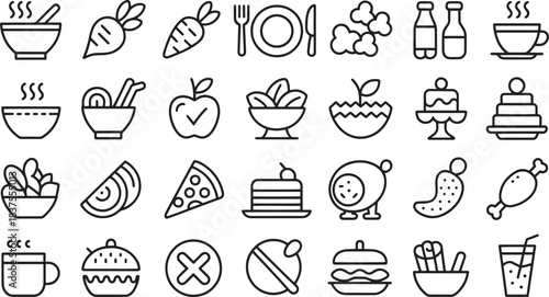Black food icons including fruits, vegetables, meals, desserts, drinks, utensils, and condiments