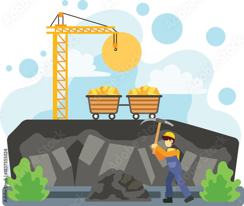 Miner working at surface site with carts of gold ore illustration