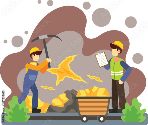 Miners extracting gold while supervisor inspects process illustration