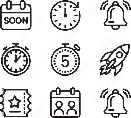 Black icons of time, events, and alerts including calendar, clock, stopwatch, bell, rocket, and ticket