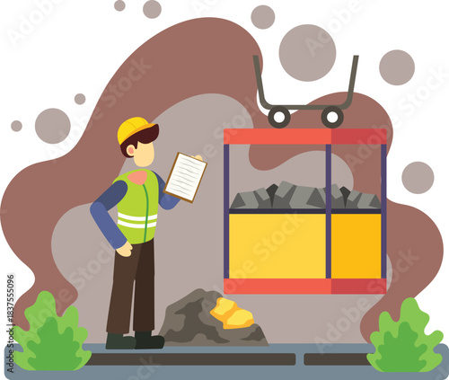 Mining worker inspecting ore at underground elevator illustration
