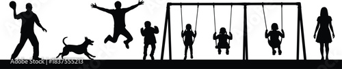 Happy children and adults playing outdoors silhouettes set with dog jumping man swinging kids and throwing ball representing childhood fun park leisure activities and abstract concepts.