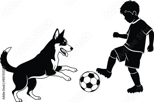 Happy child playing football with a cheerful dog silhouette vector illustration set representing fun outdoor sports childhood friendship and active pet training concepts.