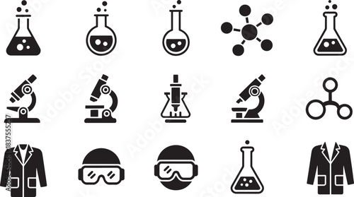 Black science lab icons including flasks, microscopes, molecules, goggles, lab coats, and safety gear