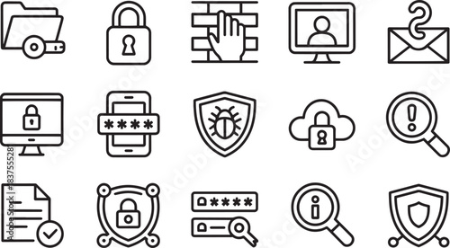 Black cybersecurity icons including firewall, padlock, phishing, malware, secure login, and data alert
