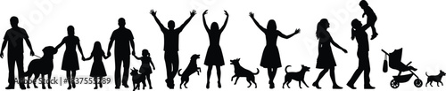 Happy diverse family silhouettes black and white set representing different relationships generations life stages parents children babies pets dogs cats for lifestyle and abstract concepts.