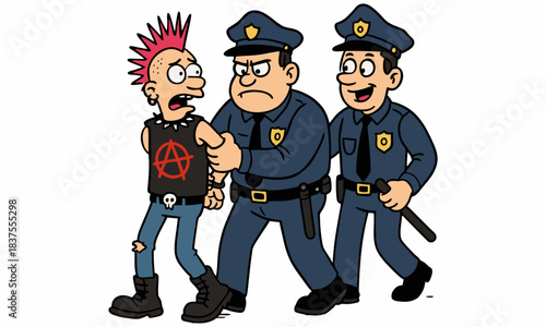 Funny cartoon illustration of punk rocker being arrested by police