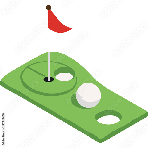 Golf green with flag and ball beside hole on a sunny day isometric view with artificial turf and white ball