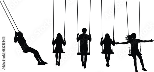 Happy people silhouettes enjoying the swing set vector collection representing childhood fun freedom playtime and relaxing park leisure outdoor activities and abstract concepts.
