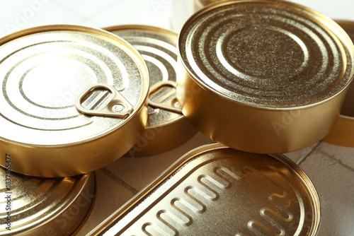 Tin cans with fish on tiled...