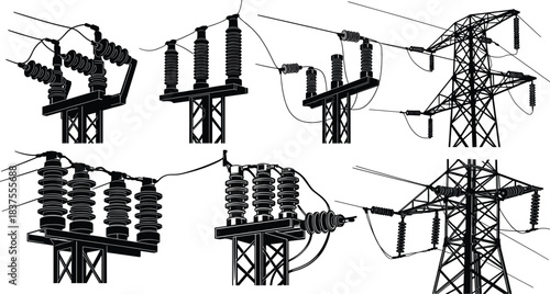High voltage electrical insulator and transmission structure illustration set, detailed power grid infrastructure artwork, industrial energy line equipment engineering design collection