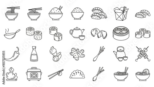 Set of 30 Asian Cuisine Outline Icons: Noodles, Rice, Dumplings, Sushi, Tea, Wok, Spices, and Cooking Equipment (Vector)