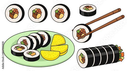 Korean Kimbap and Danmuji Illustration Set: Traditional Seaweed Rice Rolls and Yellow Pickled Radish in a Colorful Style