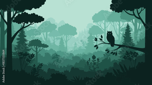 Mysterious Dark Forest Silhouette Background: Deep Green Woods with Layered Trees and an Owl Perched on a Branch (Alternate Style)