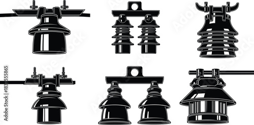 High voltage electrical insulator collection, detailed vector illustration, power line equipment design, utility grid components, industrial energy infrastructure icons, silhouette artwork