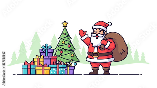 Cheerful Santa Claus Waving Next to a Stack of Christmas Gifts and a Decorated Tree: Cute Line Art Vector Illustration