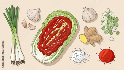 Hand Drawn Kimchi Making Ingredients Flat Lay: Cabbage, Gochugaru, Garlic, Ginger, and Scallions for Traditional Korean Preparation