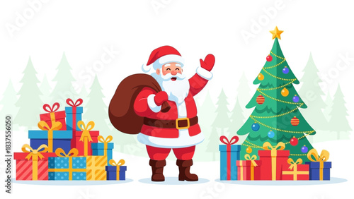 Cheerful Santa Claus Character Waving Next to Piles of Christmas Gifts and a Decorated Pine Tree in a Snowy Landscape