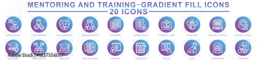 Mentoring and training gradient fill icons set. contain learning, training, mentoring, badge, certificate, goal, study and more. Vector for modern concept, print, UI, UX kit, web and app development.