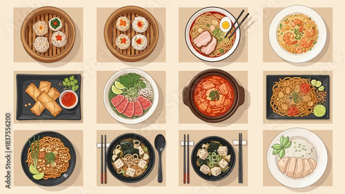Diverse Asian Cuisine Flat Lay Illustration: Set of Popular Dishes including Dim Sum, Ramen, Pho, Kimchi Stew, Fried Rice, and Noodles