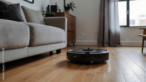 A smart vacuum robot cleaning a minimalist apartment