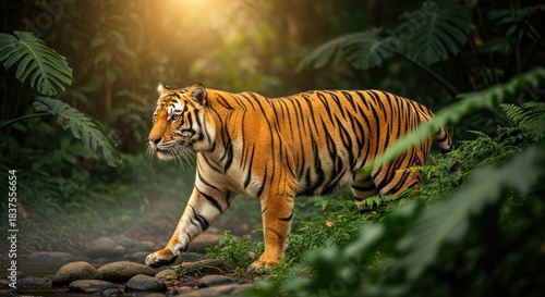 Majestic Bengal Tiger Walking Through a Lush Tropical Rainforest River at Golden Hour, with Dappled Sunlight Filtering Through Dense Foliage