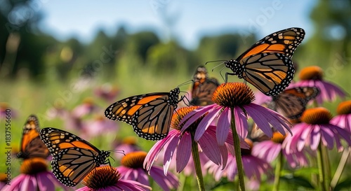 Monarch Butterflies on Vibrant Purple Coneflowers in a Sunny Field