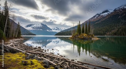 Serene Mountain Lake Landscape with Snow-Capped Peaks, Dense Evergreen Forests, a Mossy Island, and Driftwood-Lined Shores Reflected in Calm, Clear Waters Under a Dramatic Cloudy Sky