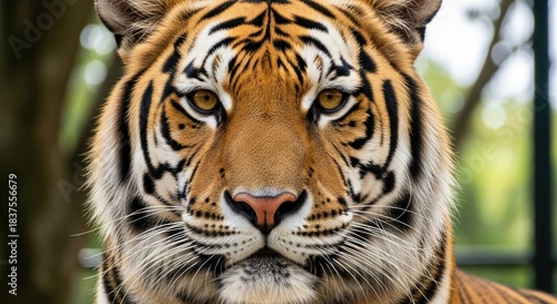 Captivating close-up portrait of a majestic tiger' face, showcasing its piercing golden eyes, iconic and black stripes, detailed fur texture, and pink nose against a softly blurred green natural backg