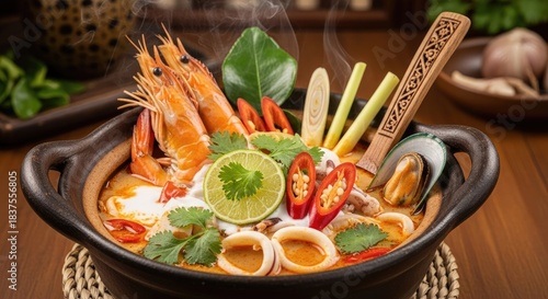 Authentic Tom Yum Goong Seafood Soup with Prawns, Squid, and Mussels, Steaming Hot in a Rustic Pot with Fresh Thai Herbs and Spices
