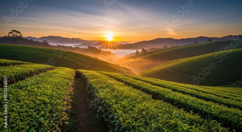 Breathtaking Sunrise over Lush Green Terraced Tea Plantations and Misty Mountains