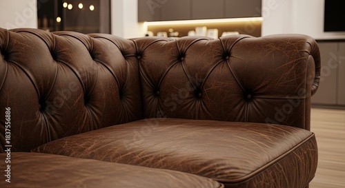 Close-up of a luxurious brown distressed leather tufted Chesterfield sofa in a modern home interior with warm lighting.