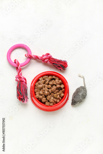 Bowl of wet pet food and to...