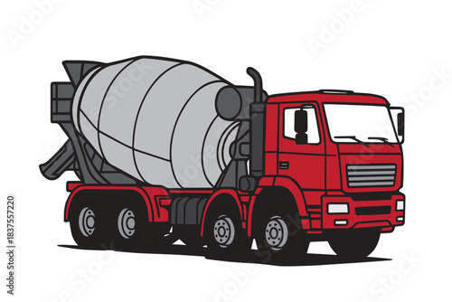 Modern vector design of a concrete mixer truck with cylindrical rotating barrel, representing heavy duty construction machinery in simplified geometric shapes for digital applications.