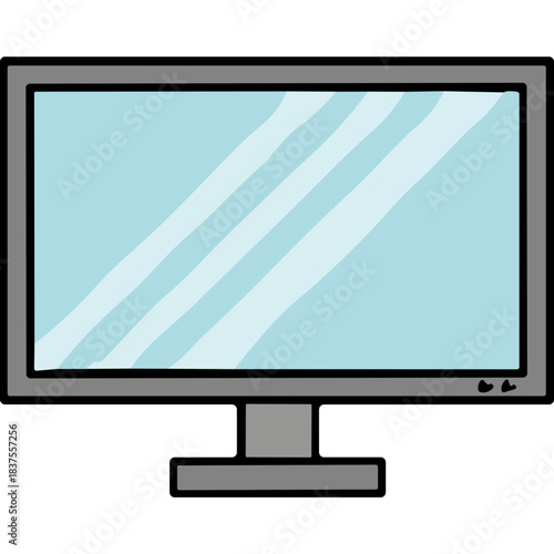 Gray Flat Screen Computer Monitor With Light Blue Screen and Reflection on a Black Background with Subtle Gray Stand and Base