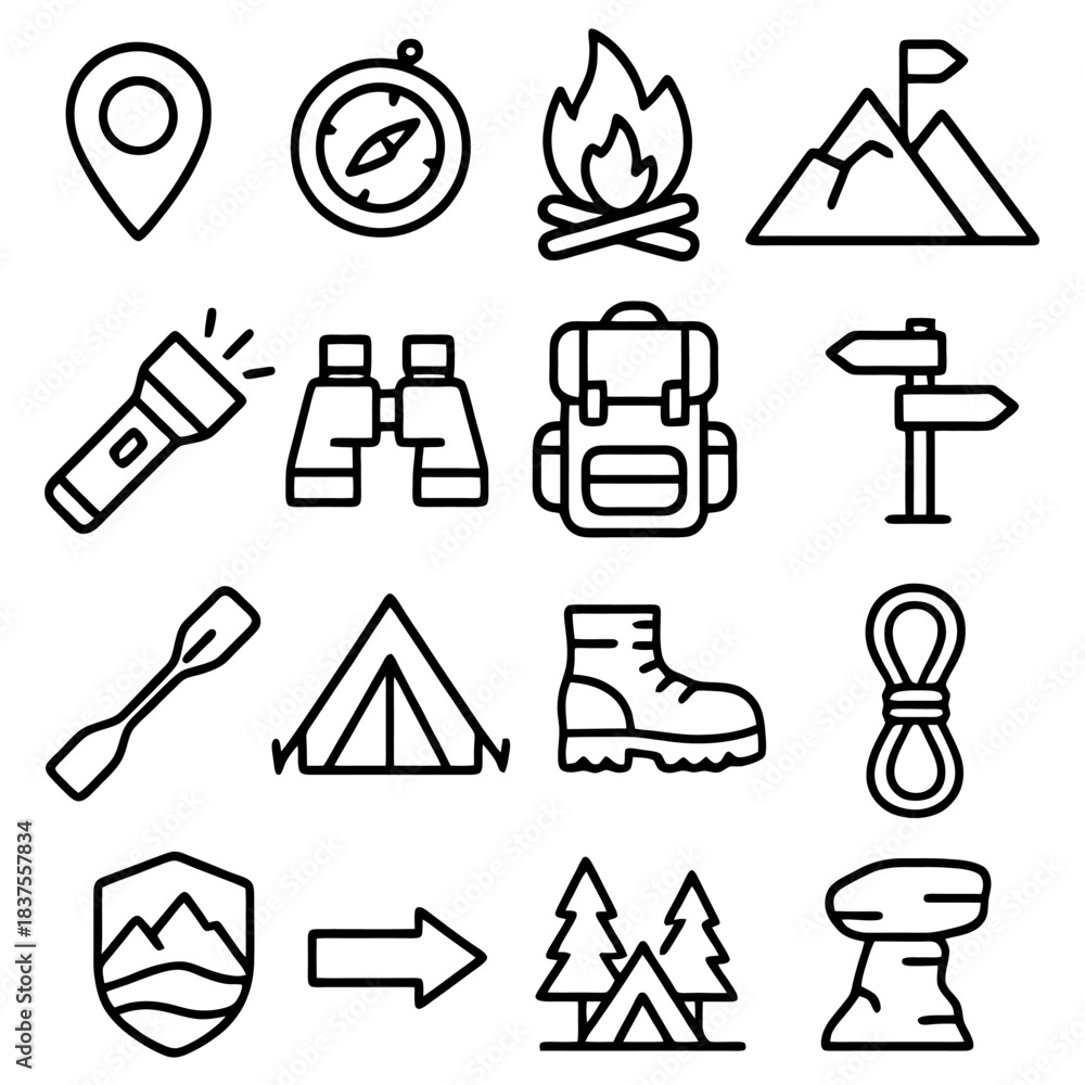 Fototapeta premium Adventure Icons Set: A collection of meticulously crafted, minimalistic icons, each one representing a core element of exploration and the great outdoors.