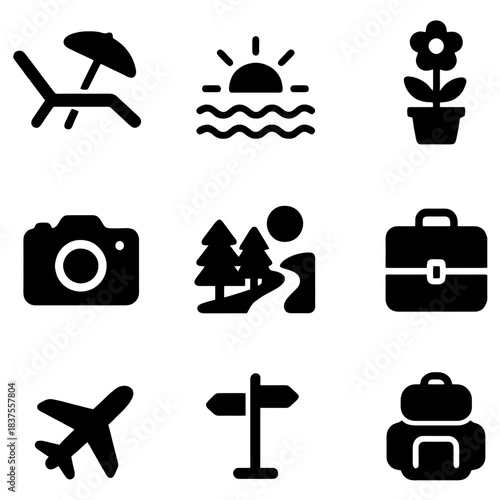 Simplified Icons of Leisure & Travel: A collection of concise, monochromatic symbols depicting the essence of relaxation, adventure, and the allure of journeys.