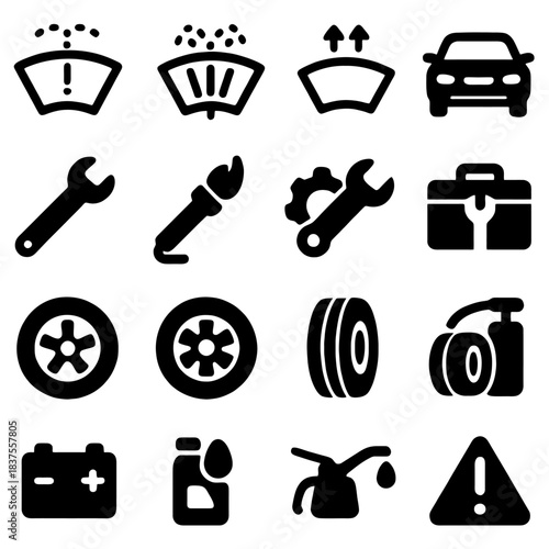Car Maintenance Icons: A compilation of essential car maintenance icons, neatly arranged, representing a range of automotive servicing aspects.