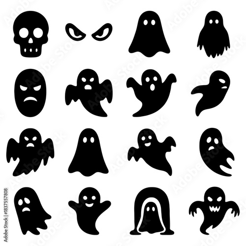 Spooky Icons: A collection of various spooky icons, perfect for Halloween, illustrating a range of ghostly figures and symbols