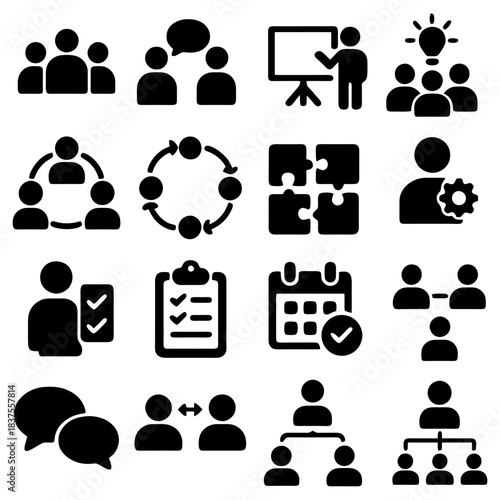 Iconic Business Concepts in a Seamless Collection: A visual symphony of diverse, minimalistic icons, each portraying distinct business ideas and teamwork activities.