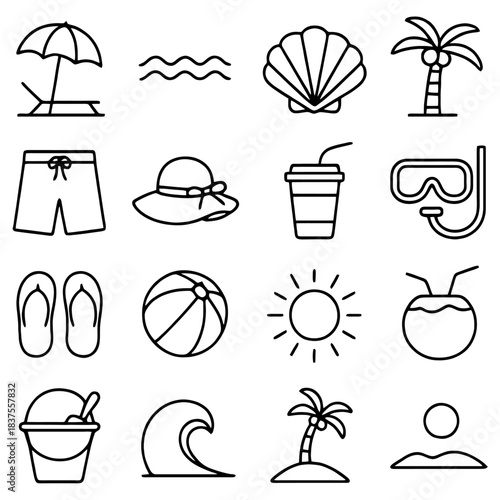 Summer Essentials Icons: A collection of meticulously crafted, minimalist line art icons, each representing the essence of a perfect summer day, capturing the fun and freedom of the season.