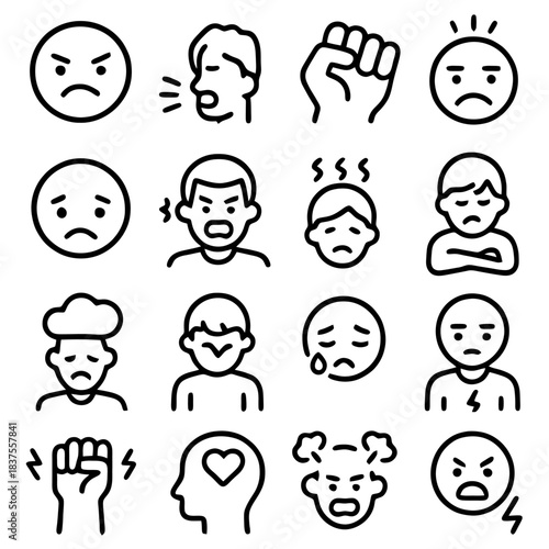 Emotional Spectrum: A collection of meticulously crafted outline icons portraying diverse human expressions, from joy to anguish, reflecting the complex landscape of feelings.