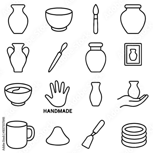 Pottery Tools and Vessels: A comprehensive illustration showcasing the diverse tools and vessels of pottery. Detailed outlines capture the essence of craftsmanship and creative potential.