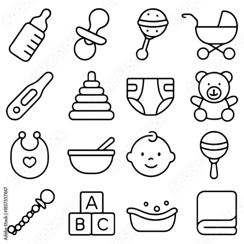 Essentials of Infancy: A charming collection of essential items for infant care, meticulously illustrated to represent the core elements of early childhood development.